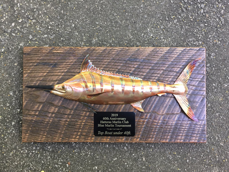 copper art blue marlin trophy